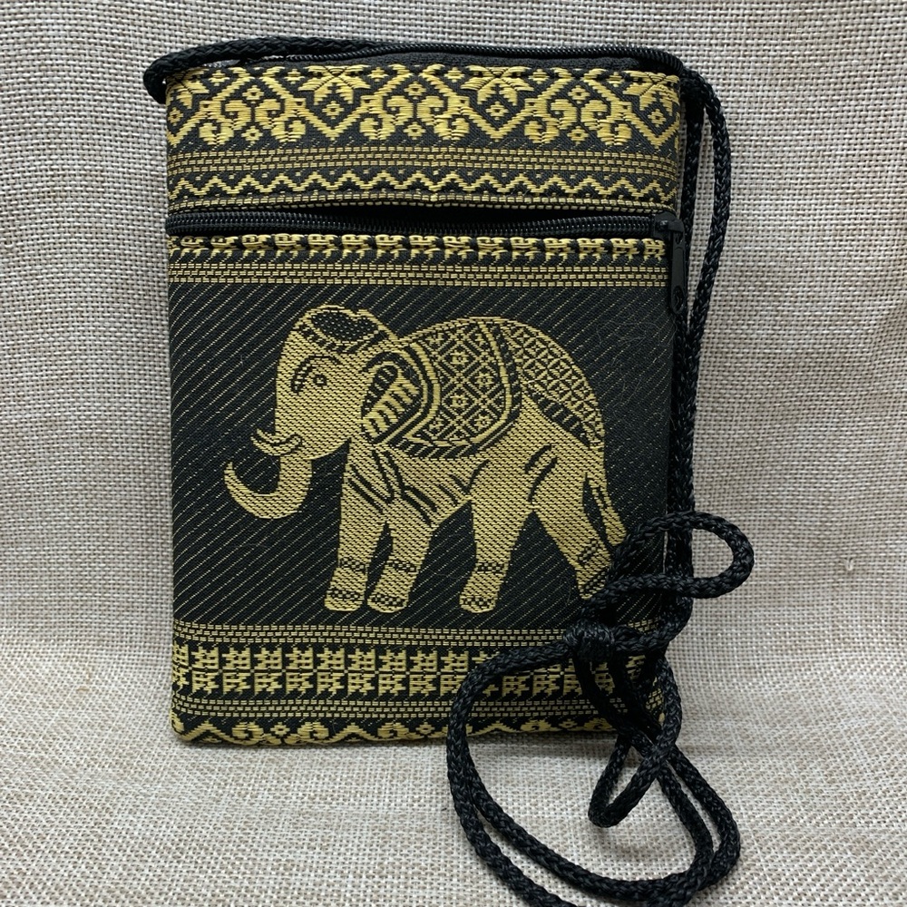 Elephant Tapestry Boho Small Zipper Cross Body Purse Bag Black/Gold